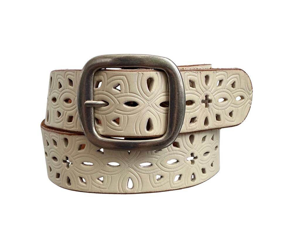 Fossil Western Floral Geometric Embossed Laser Cut Ivory Leather Belt Size S